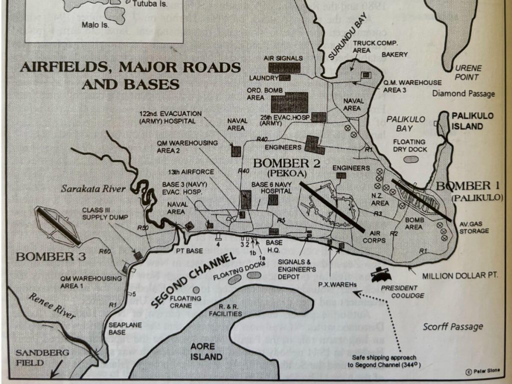 Map of the south east coast of Espiritu Santo indicating all the military bases and airfields during WWII.
