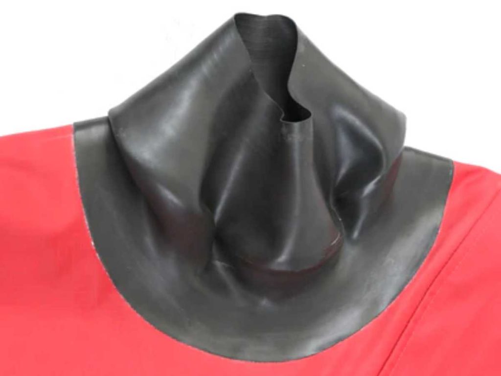 A Red drysuit with a latex seal