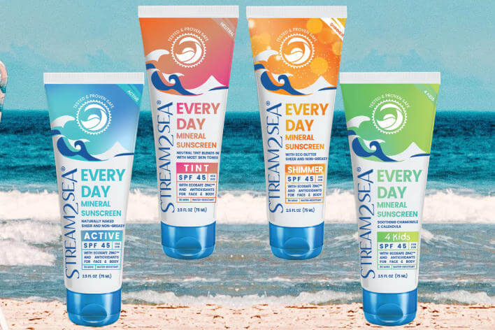 4 Stream2Sea reef safe sunscreen bottles on an ocean background