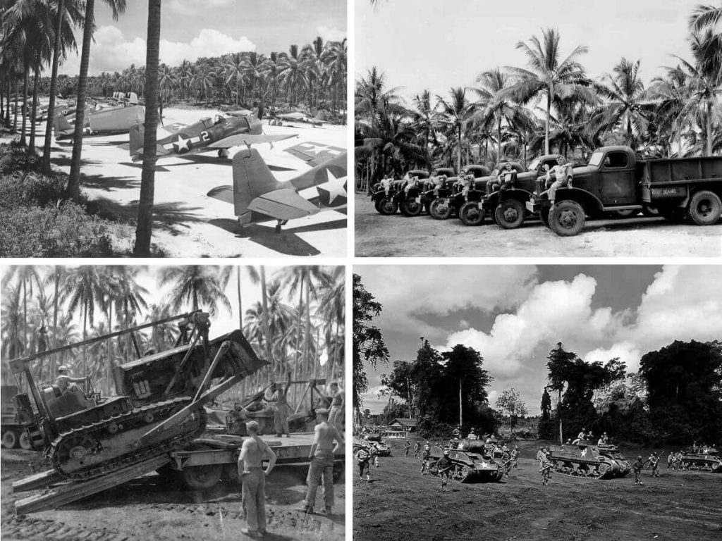 Collage of four images depicting life on Espiritu Santo for soldiers during WWII. Top Left - Planes lined up on a sandy airfield. Top right - Soldiers sitting on a line of supply trucks. Bottom left - a bulldozer being driven onto the back of a trailer. Bottom right - 3 tanks full of men making their way through thick mud.