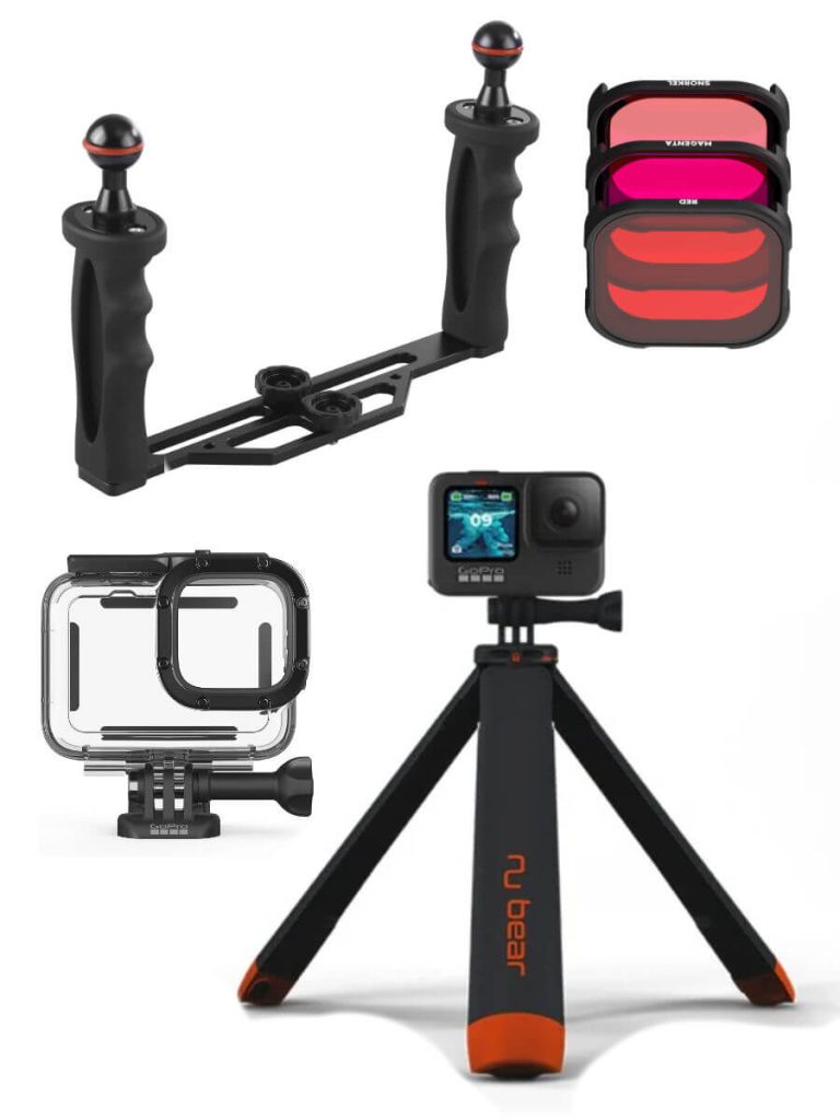 A camera tray, GoPro underwater housing, red light filters and Nu-Bear 4 in one handle
