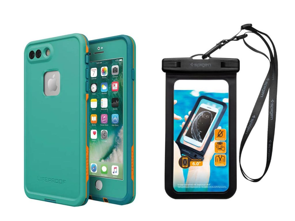 A green life proof water proof phone case and phone pouch