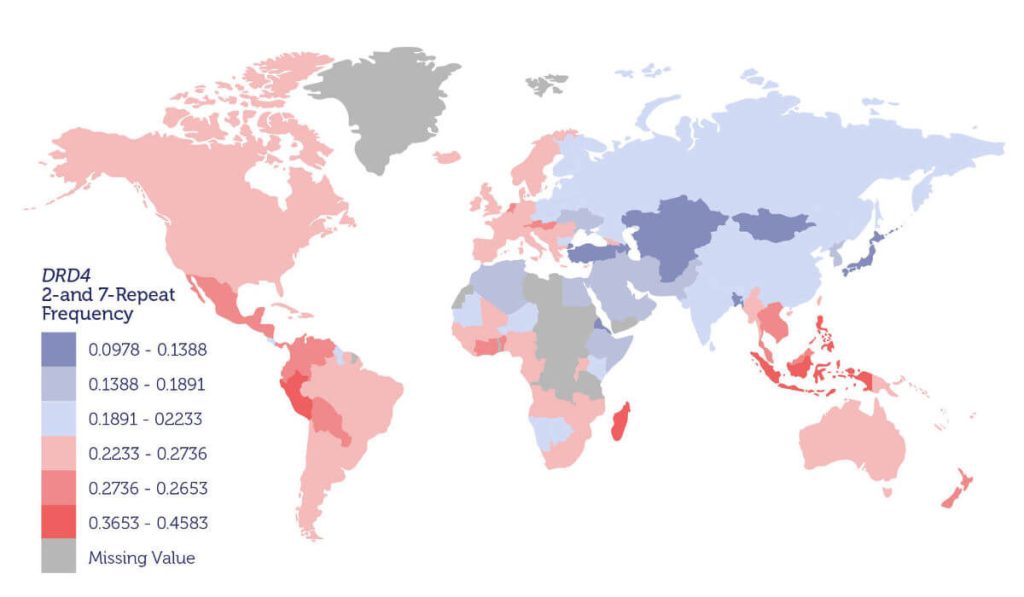 Map depicting that the wanderlust gene is more prevalent in countries furthest away from Africa