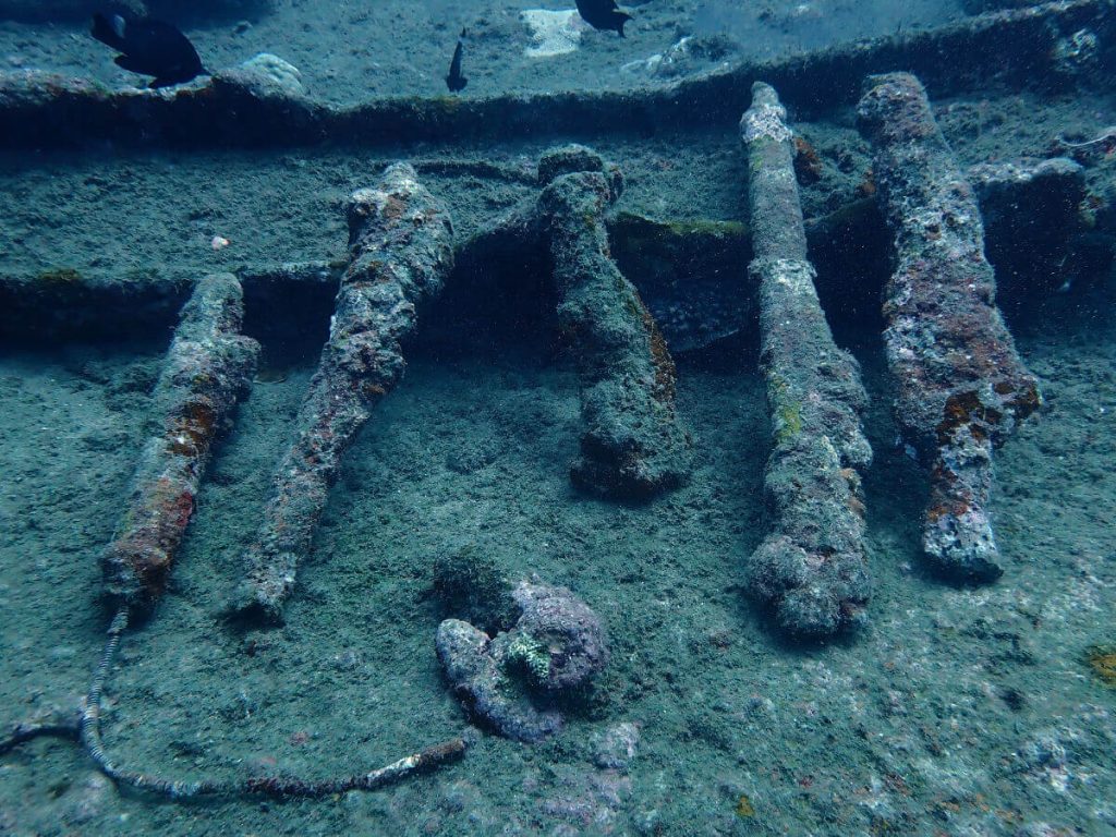 Heavily encrusted guns lined up on the deck of the S.S.President Coolidge underwater