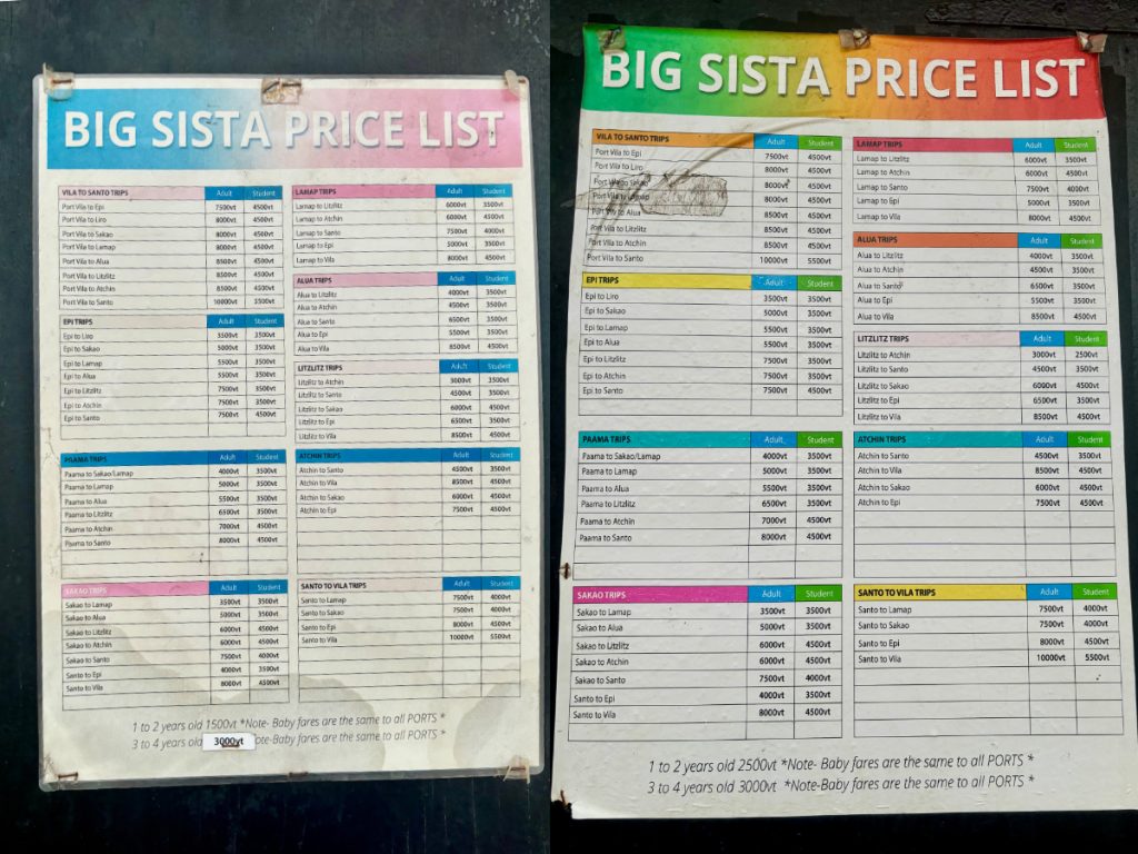 Posters of Big Sista ferry prices for Port Vila, Espiritu Santo and other islands
