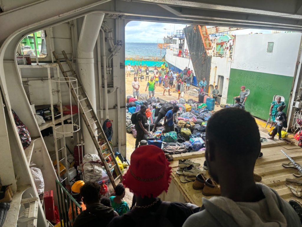 Inside lower decks of Vanuatu ferry with luggage
