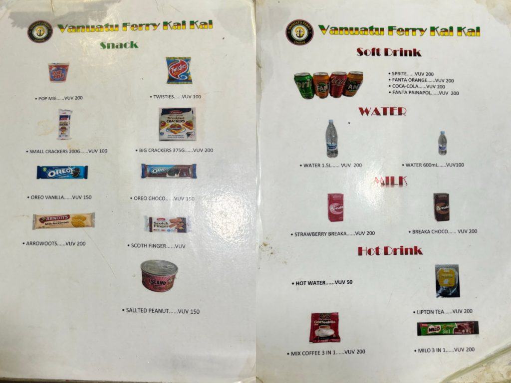 Vanuatu ferry cafe menu prices