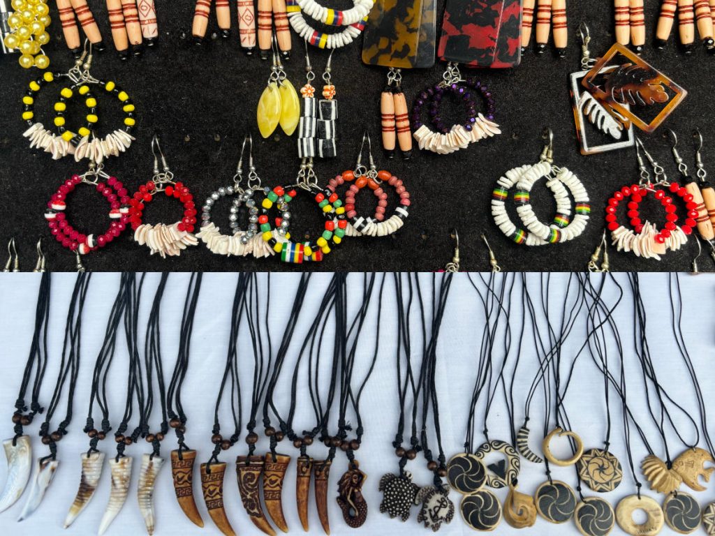 A selection of Vanuatu souvenir handmade necklaces and shell earrings 