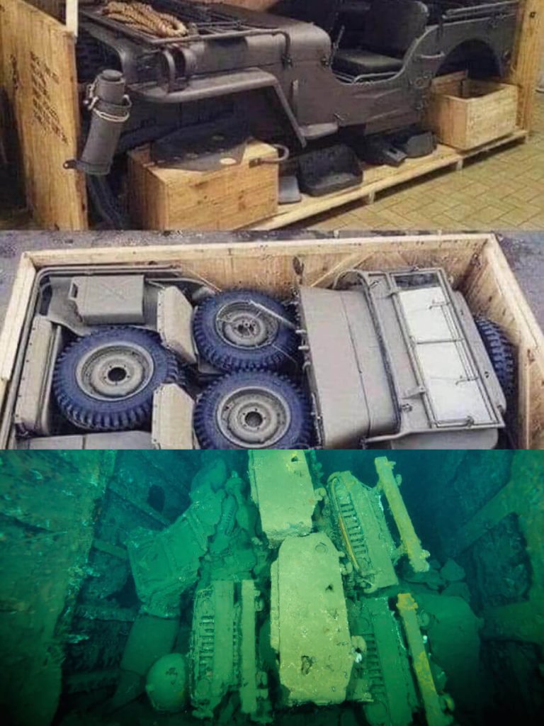 WWII Willys Jeeps packed in crates. Side by side above land and underwater inside cargo hold one of the ss president coolidge in Espiritu Santo, Vanuatu