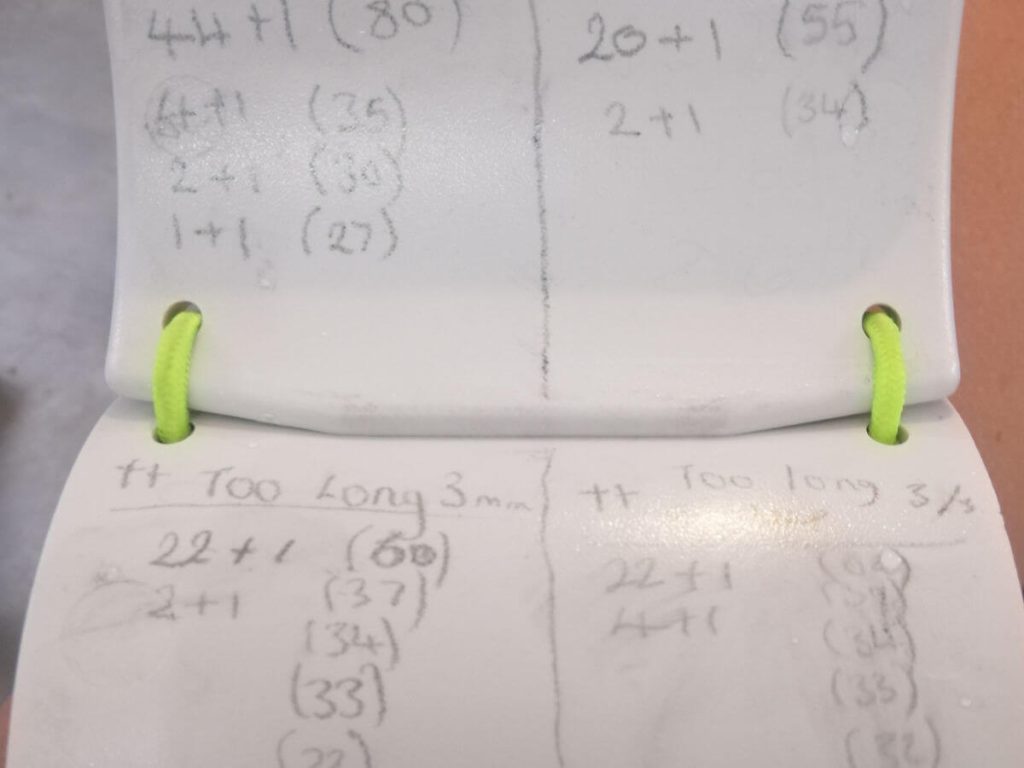 Dive wrist slate showing different decompression contingency plans and the complexity of not sticking to scuba certification limits
