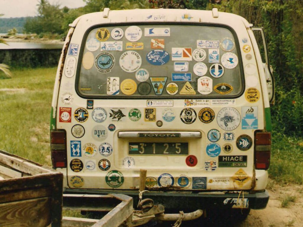 Allan Power Dive Tours original van covered in Dive Group stickers