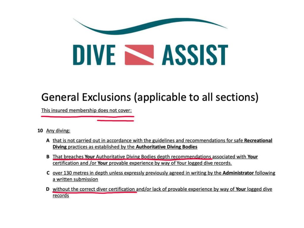 Dive Assist Insurance Policy showing they do not cover you if you don't stick to your scuba certification limit