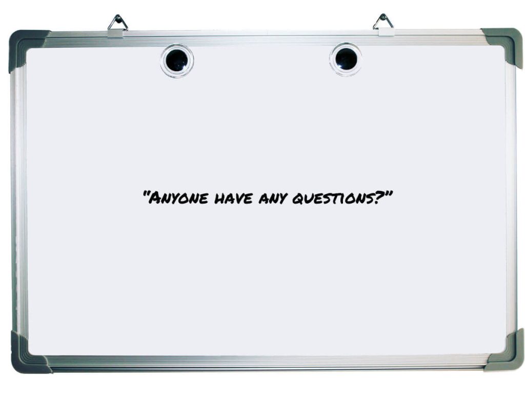 Whiteboard with step ten of dive briefing script - Final questions