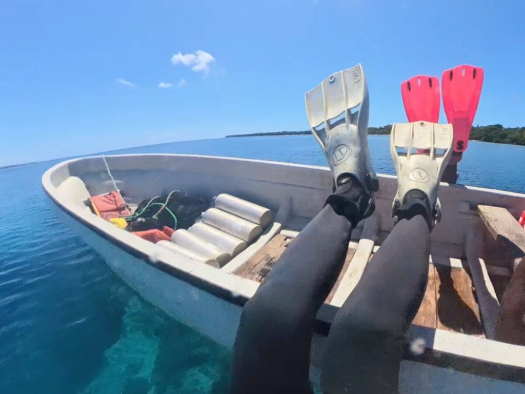 Divers back roll from a boat onto the SS President Coolidge dive site in Espiritu Santo, Vanuatu