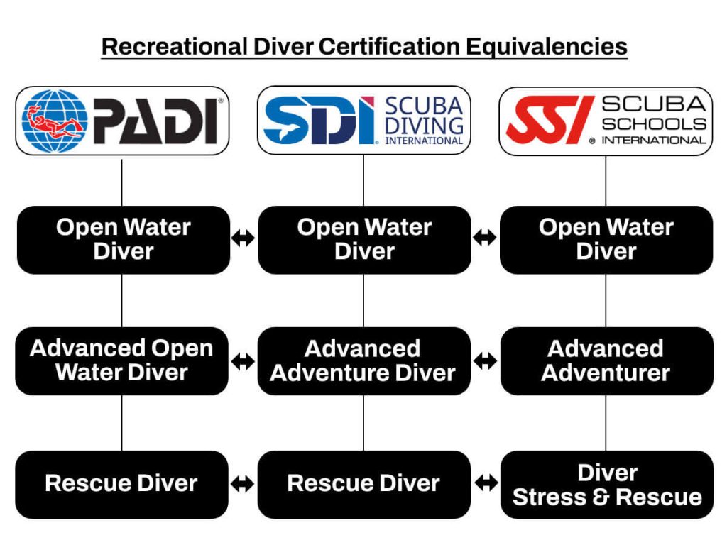 Scuba Diving Agencies comparison table (PADI, SSI, SDI)